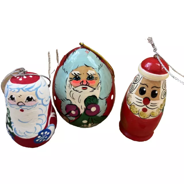 Hand Painted Wood Santas' Hanging Christmas Ornaments Lot of 3 OOAK