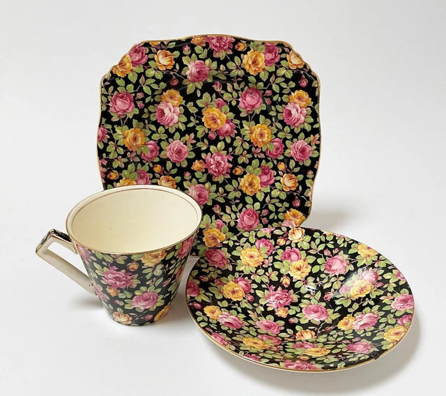 Royal Winton Grimwades Beeston Black Floral Chintz Trio Cup Saucer Plate England