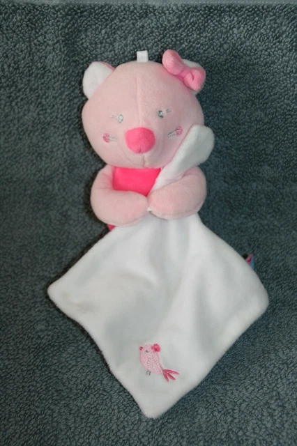 SUCRE D'ORGE DOUDOU CHAT ROSE MOUCHOIR BLANC BRODE OISEAU 20 cm ETAT NEUF