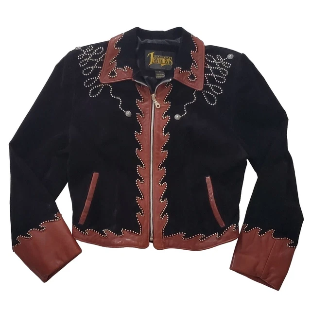 Diamond Leathers Vintage Black Genuine Suede Studded Western Full Zip Jacket 10
