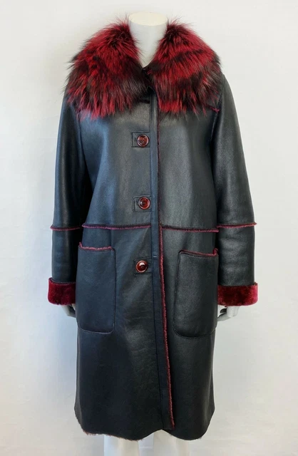 J & M Spanish Lamb Black Leather Red Fox Fur Long Jacket Shearling Coat J & M Spanish Lamb Black Leather Red Fox Fur Long Jacket Shearling Coat