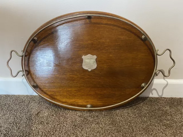 Rare Large antique wood oval butlers serving gallery tray w Handles, dated 1914