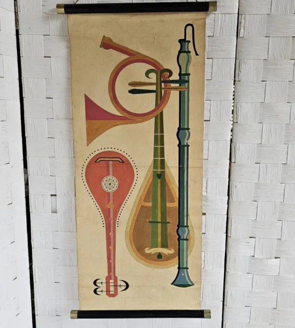 Vintage Silkscreen Scroll Tapestry Mid Century Instruments On Linen