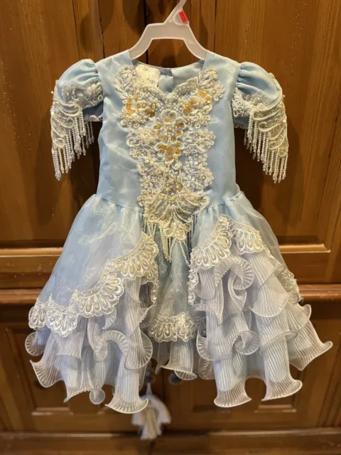 Tip Top USA Girls Light Blue Pageant Dress Size 1 Pearls, Lace Ruffles Perfect