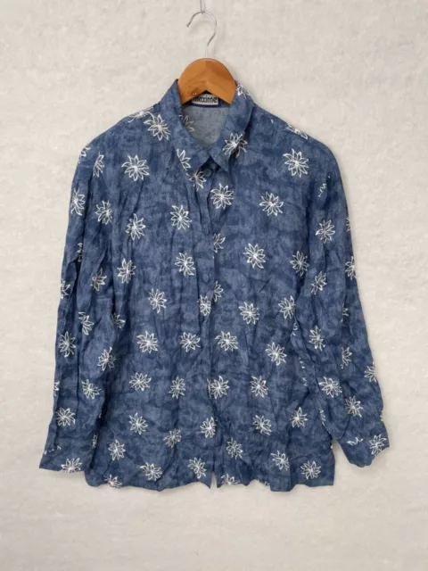 Camicia vintage donna a maniche lunghe tinta cravatta blu design floreale taglia large