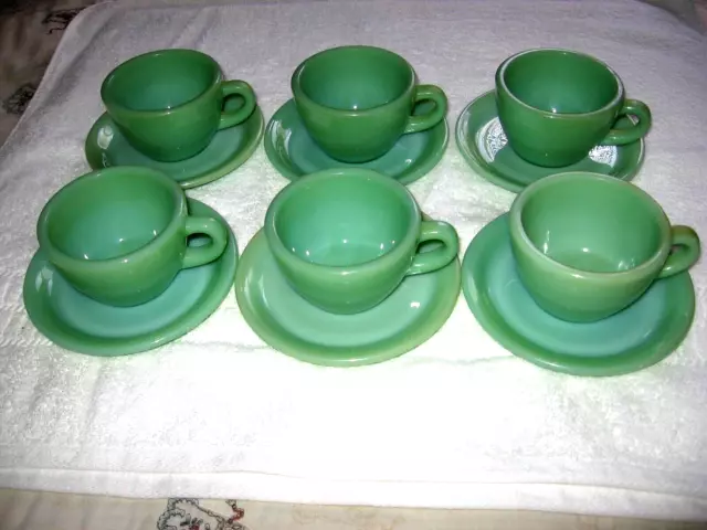 Fire King Jadeite Old Restaurant Ware C-Handle Cups & Saucers thick handle. MINT