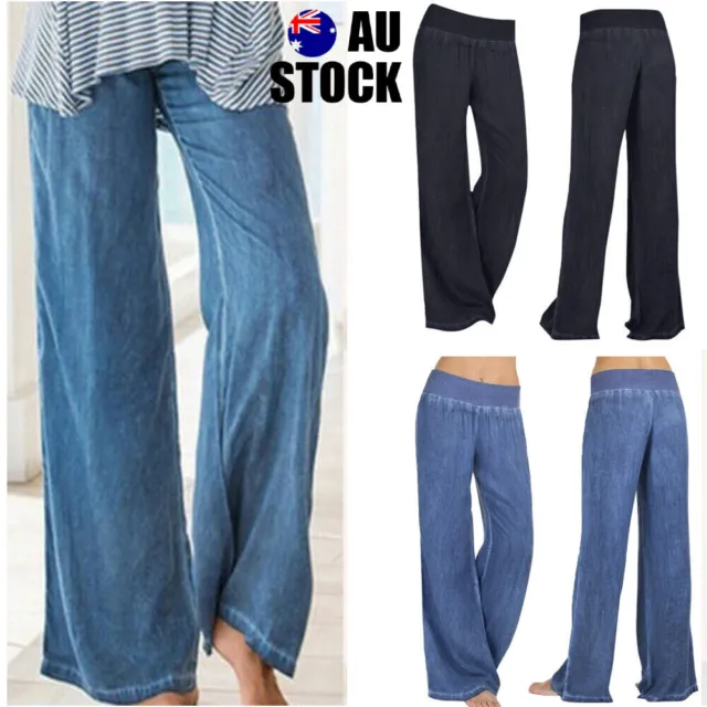 Women's Elastic Waisted Wide Leg Jeans Pants Denim Jeans Palazzo Loose Trousers