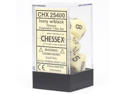 7 Die Set IN Display Cubo Chessex Chessex Opaco Avorio Con Nero Numeri Poliedrico 
