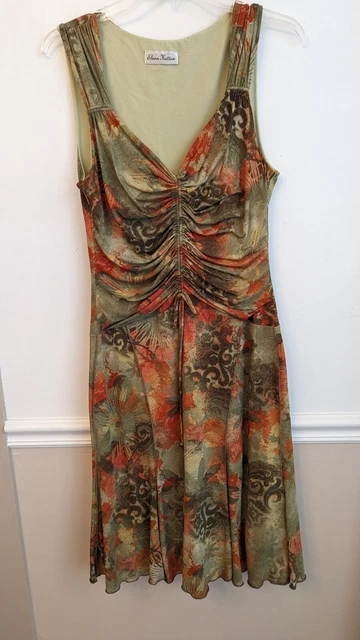 Elana Kattan Green Floral Midi Dress Sleeveless with Ruching Tie Size M
