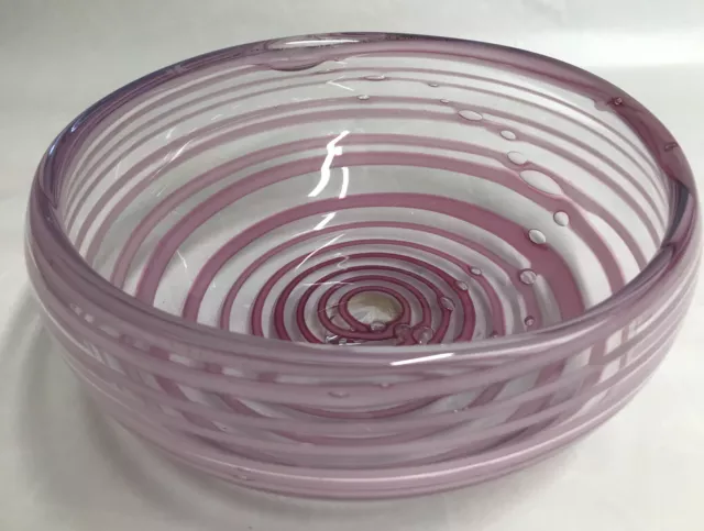 Hand Blown Deep Pink Marbled Swirl Bubble Art Glass Fruit Dish Bowl Studio MCM