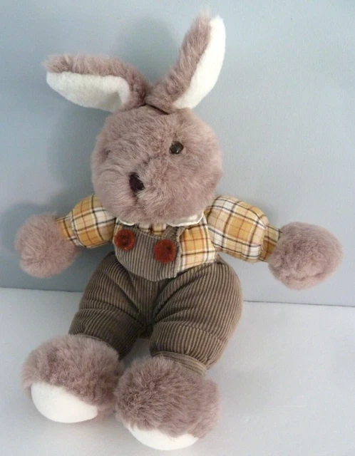 A7. Doudou Peluche Jemini Lapin Gris Beige Salopette Vert Kaki Carreaux Jaun Be*