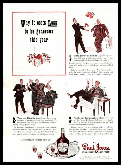 1940 Paul Jones Whisky It Costs Less To Be Generous This Year Christmas Print Ad