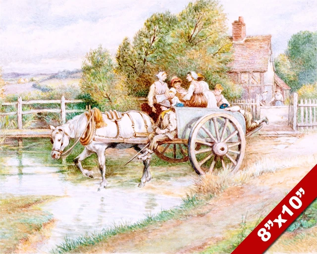 Children In Horse Drawn Cart Watercolor Painting Art Real Canvas Giclee Print