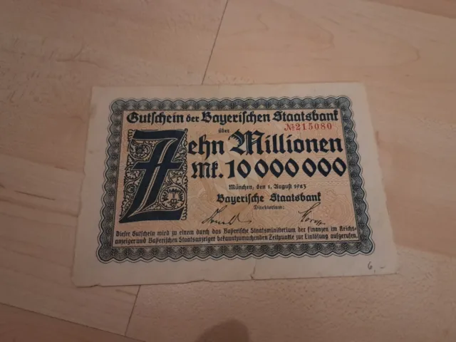 10 Millionen Mark Bayerische Notenbank Länderbanknote Notgeld Hyperinflation