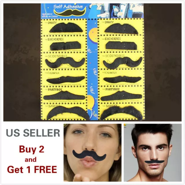 12 FAKE MOUSTACHE WIG SET Self Adhesive Adult Kids Fake Fancy Party Halloween