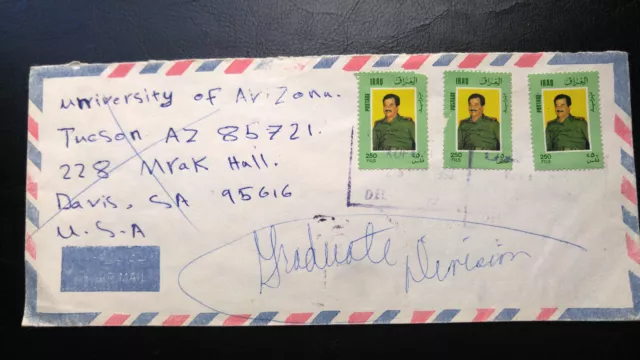 Sehr Selten Irak “Saddam” Briefmarke Abdeckung Mit “Rechteck Stempel” Zu USA