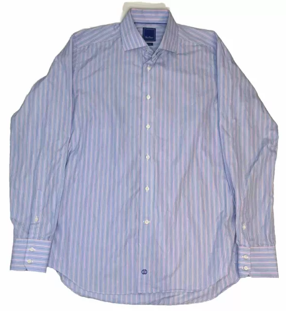 David Donahue Dress Shirt Mens 17 36/37 Trim Fit Blue Button Up Long Sleeve