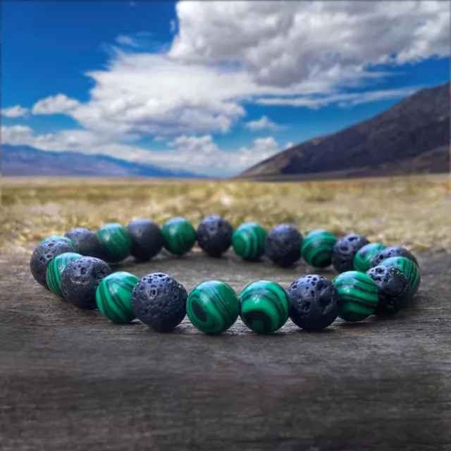 Bracelet Femme Homme Perle Naturelle Malachite Pierre de Lave lithothérapie