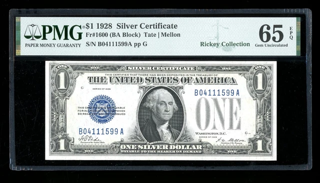 DBR 1928 $1 Silver Gem Fr. 1600 BA Block PMG 65 EPQ Serial B04111599A