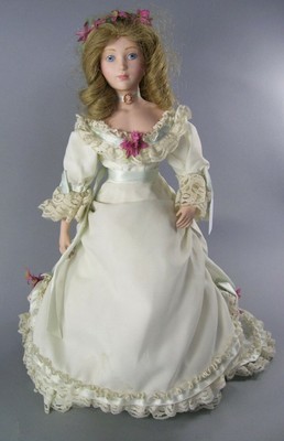 #10- Franklin Heirloom 17" Porcelain Doll In Wedding Dress With Lace And Flowers