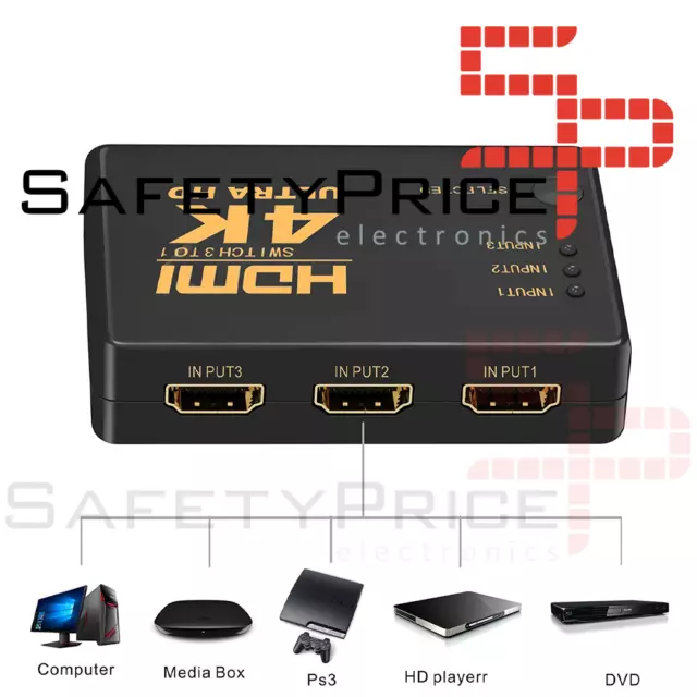 Conmutador HDMI 4K Switch 3 Puertos Selector de Splitter Hub IR Remoto Negro 3