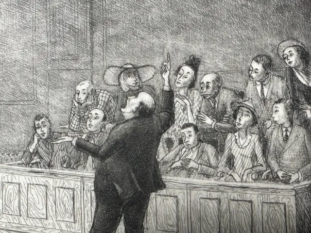 Albert Sway 1940's NYC court room trial scene lawyer etching print artwork 3