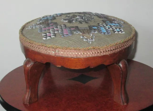 Antique Upholstered BEADED Footstool