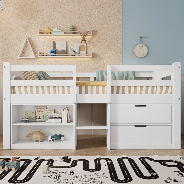 3FT KIDS SINGLE Wooden Bed Frame with Storage Compartments & Drawers ...