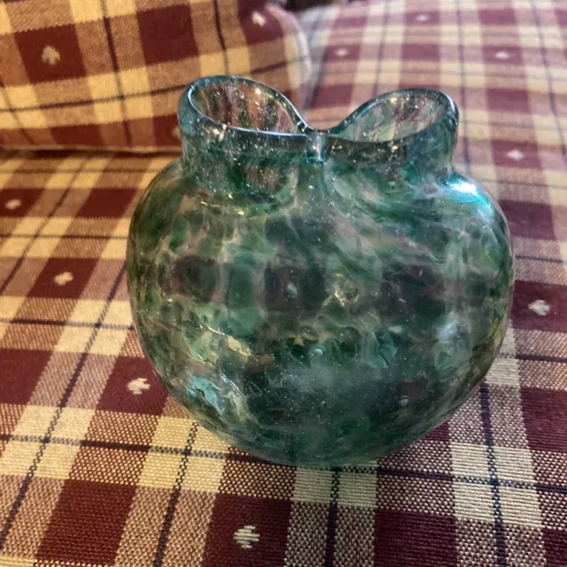 Vintage Blenko? Pinched Art Glass MCM Handblown Blue/Green Speckled vase