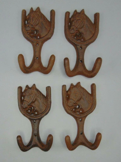 Lot of 4 Cast Iron Horse HorseShoe Double 2 Wall Hook Coat Rack Western Rustic