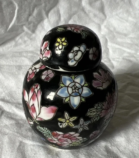 Chinese Porcelain Small Lidded Black Ginger Jar Pot Hand-Painted Flower Design