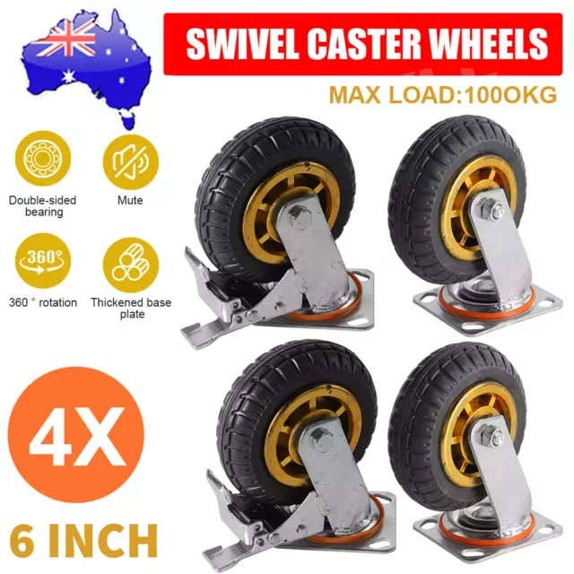 4X 6in / 150mm Heavy Duty Swivel Caster Wheels Castor 1000KG Load 2 with Brakes