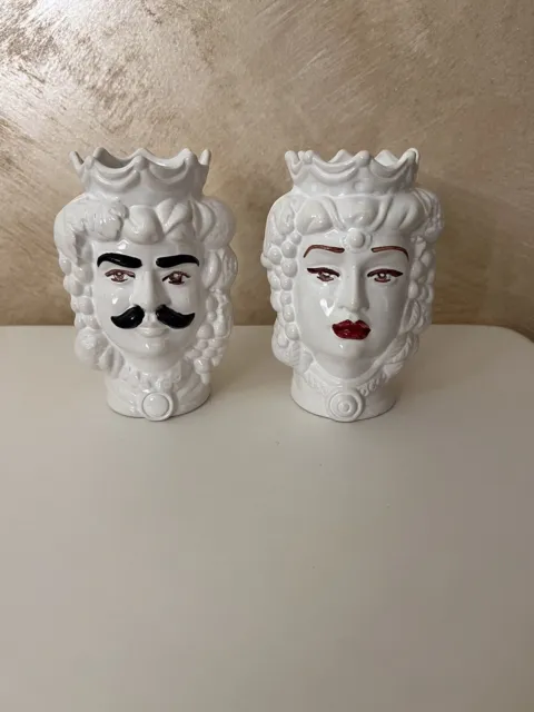 Teste di moro Bianche   in ceramica di Caltagirone Artigianale Soprammobile H 13