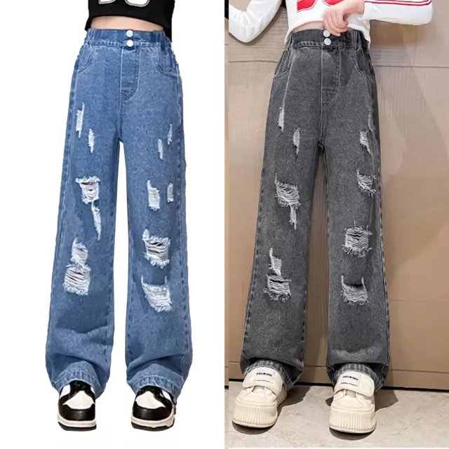 Girls Pants With Pockets Kids Pants Elastic Waist Jeans Pants Loose High Waist