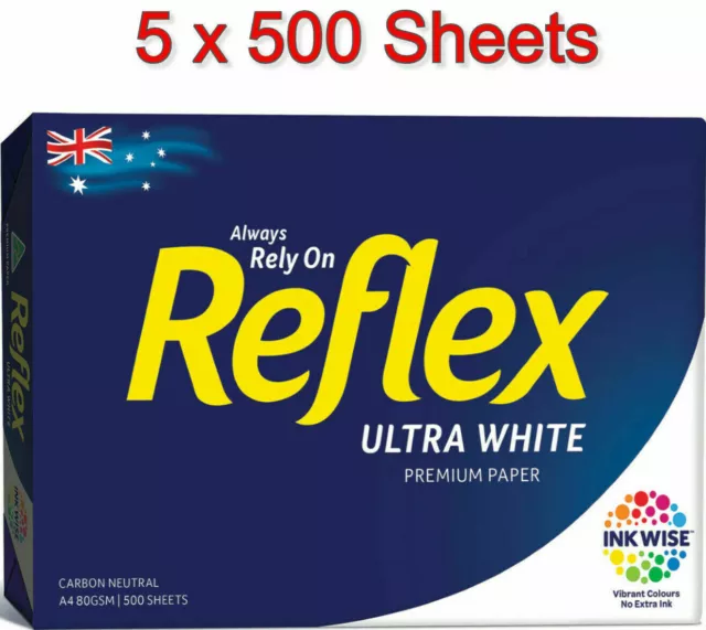 Reflex A4 Copy Paper Total 2500 Pages 5 x Reams Ultra White 80Gsm 500 Per Ream 2