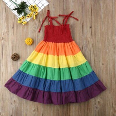 Toddler Kids Baby Girls Rainbow Striped Patchwork Princess Party Dress Sundress