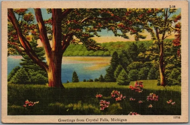 CRYSTAL FALLS, Michigan Greetings Postcard Lake Scene / Colourpicture Linen 1948