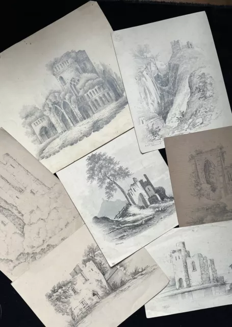 7 Pencil Drawings, T Wright, Landscapes w. Castle Ruins 1840-50, Three Signed