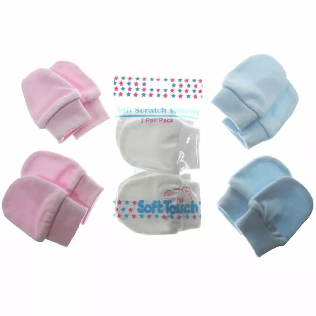 2 Pair Baby Scratch Mittens Mitts Pink Blue White Newborn 100% Cotton Soft Touch