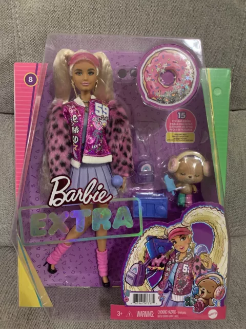 BARBIE EXTRA DOLL #8 Blonde Hair Pink Leopard Jacket Skirt Pet 2021 ...
