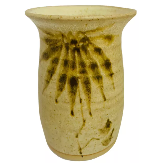 Vintage Studio Art Pottery Vase Brown Stylised  Flower Hand Made Signed
