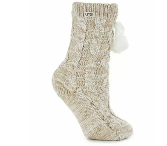 New Ugg Women's Pom Pom Fleece Lined Crew Sock Cream One Size