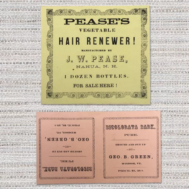 1860-70's PATENT MEDICINE, 3 HAIR RENEWER & HERBAL DRUG PACKAGE LABELS - VT & NH