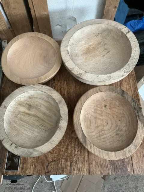 large 4 Xcarved turned solid wooden Oak Bowls
