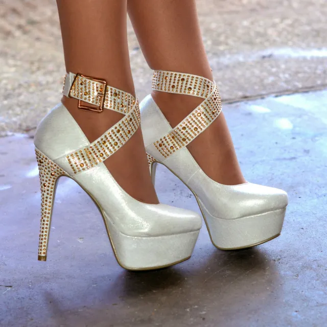 Ladies Metallic Buckle Ankle Strap Pumps Platform Shoes Heels WHITE Size 7
