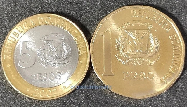 Dominican Republic Set 1 + 5 Pesos 2002 Unc 2 New Coins G434