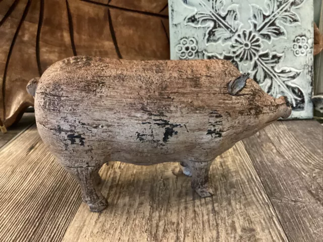 Rustic Shabby Pig Figurine Piggy Worn Distressed Look Farmhouse French Country