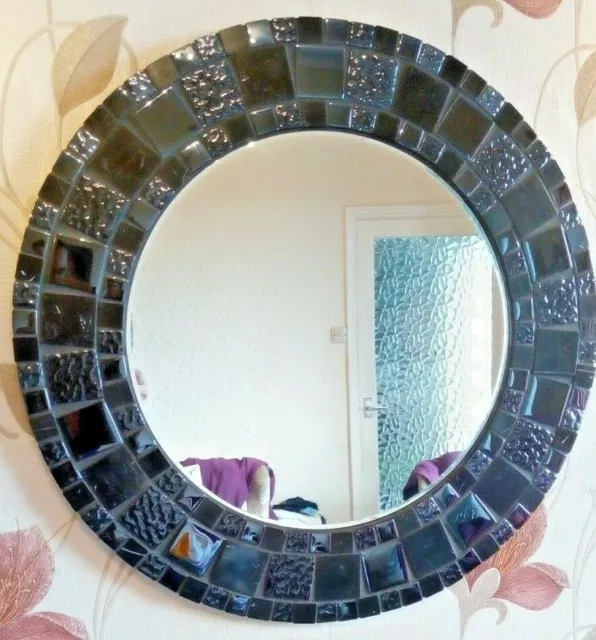 HANDMADE TEXTURED & Smooth Black Glass Mosaic Mirror 60cm x 60cm