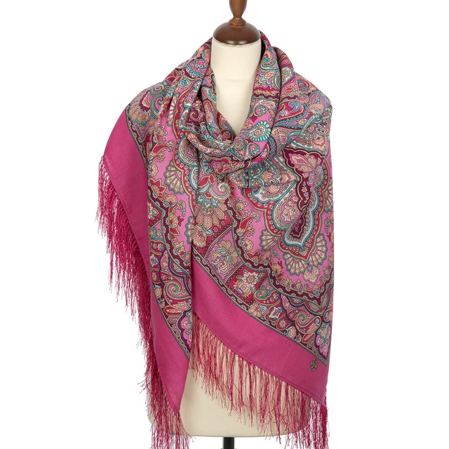 SCIARPA RUSSA A Motivi Tradizionale Rosa 100% Lana Regina Di