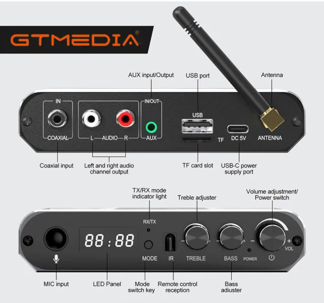 GTMEDIA Bluetooth 5.1 Transmitter Empfänger Sender 6 in1 HiFi Bass Audio Adapter